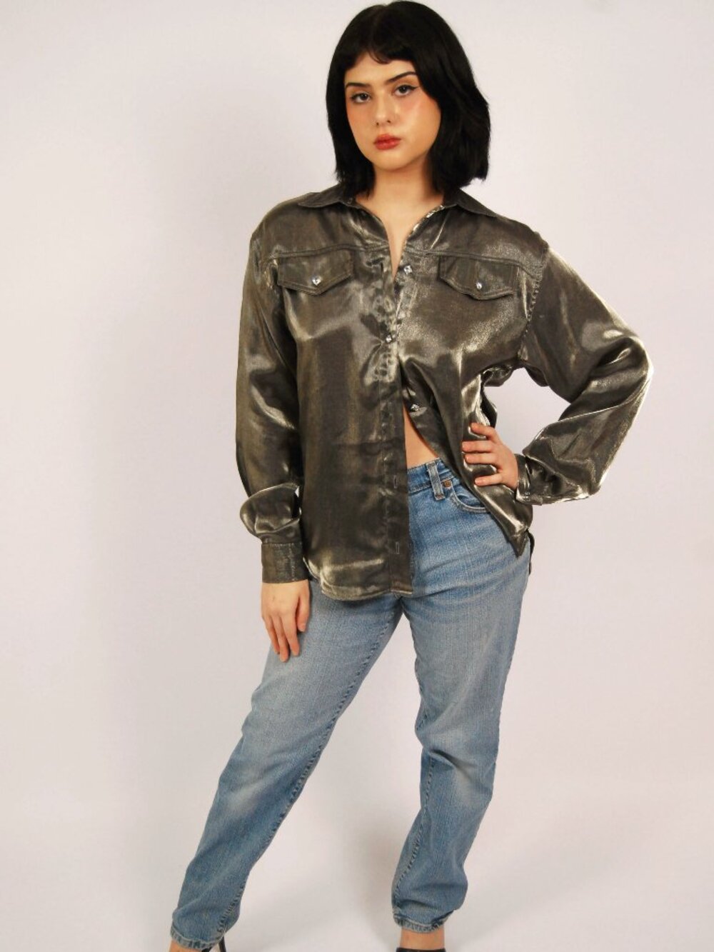 80s Metallic Button Down Shirt (M) medium silver vintage womens shiny maximalist